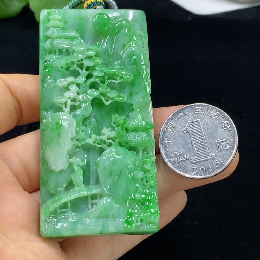F34948146 Jadeite Landscape Pendant Total Weight Approx. 91g (Including Rope Weight)