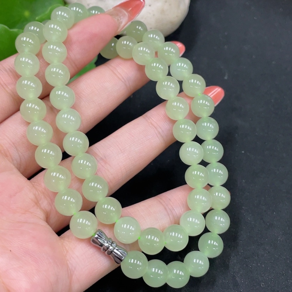 H35112120 Hetian Jade Bead Necklace Non-Gold Approximately 7.7mm Total Weight About 44.1g