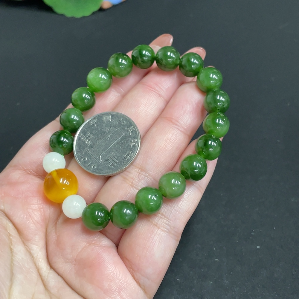 H35118682 Hetian Jade Jasper Bead Bracelet, approx. 9.2mm, total weight approx. 25.4g, containing other mineral components, paired with amber