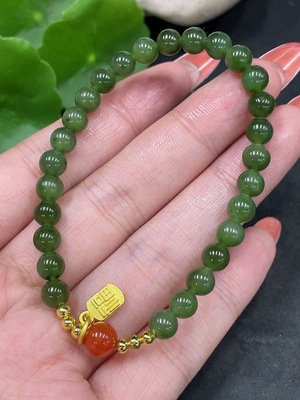 H34016452 Hetian Jade Green Jade Bracelet, Approx. 5.7 mm Beads, Total Weight Approx. 9.5g, Non-Hetian Jade Accent Beads, Non-Gold