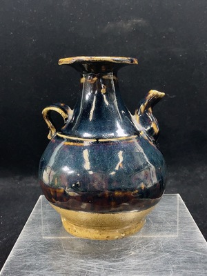 W33855132 Ceramic, intact, small kiln black-glazed handled pouring bottle, size as per actual item