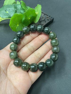 H0611834 Hetian Jade Bead Necklace, 11.4mm, Total Weight 45.8g, Some Beads with Veins