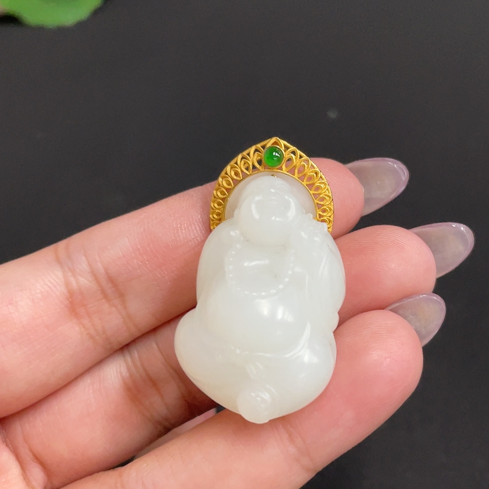 H33900891 Hetian Jade Inlaid Pendant - Buddha, Total Weight Approx. 19.5g, 18k, Beads Not Hetian Jade