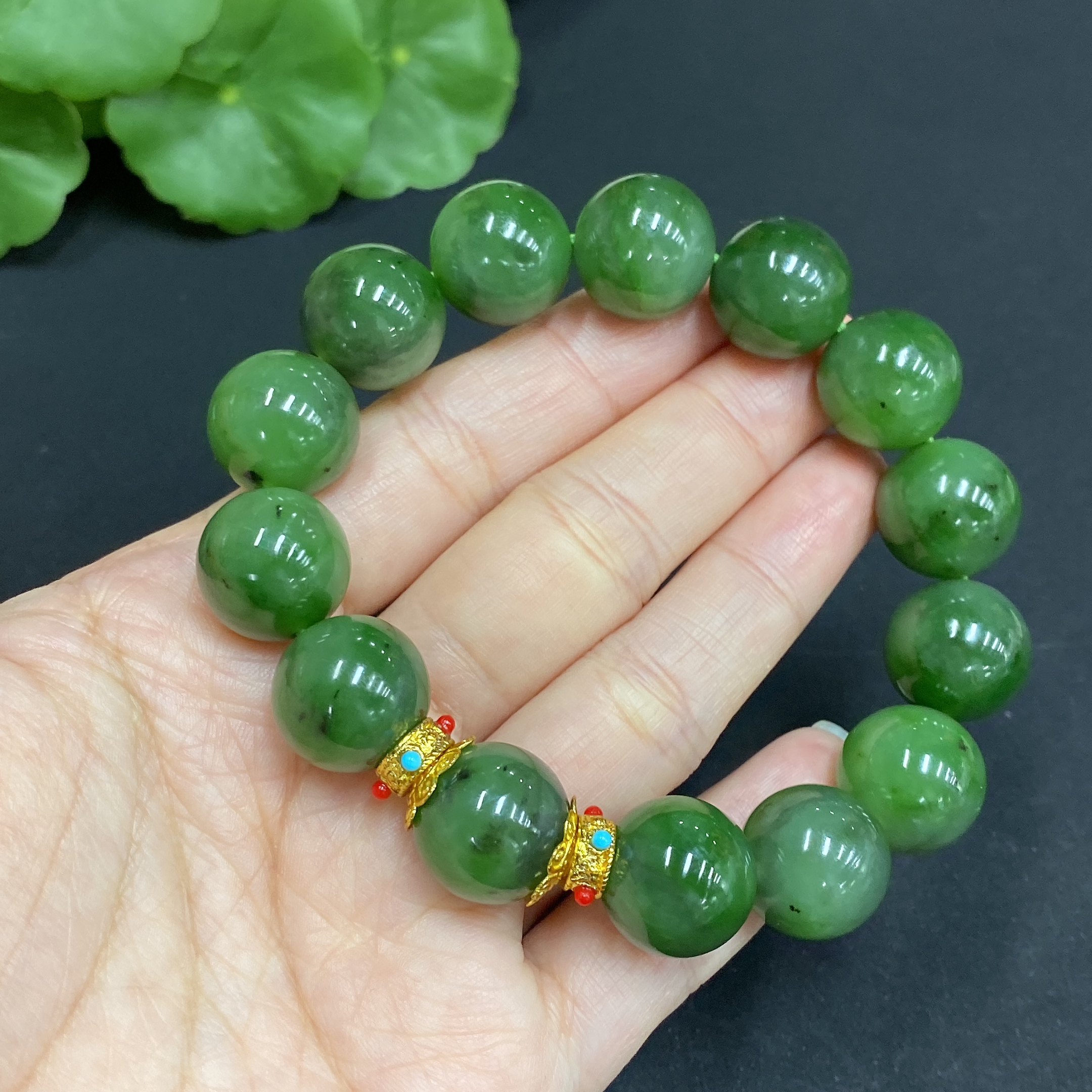 H34014627 Hetian Jade Green Jade Bracelet Approx. 14mm Non-Gold-Inlaid Total Weight About 63g