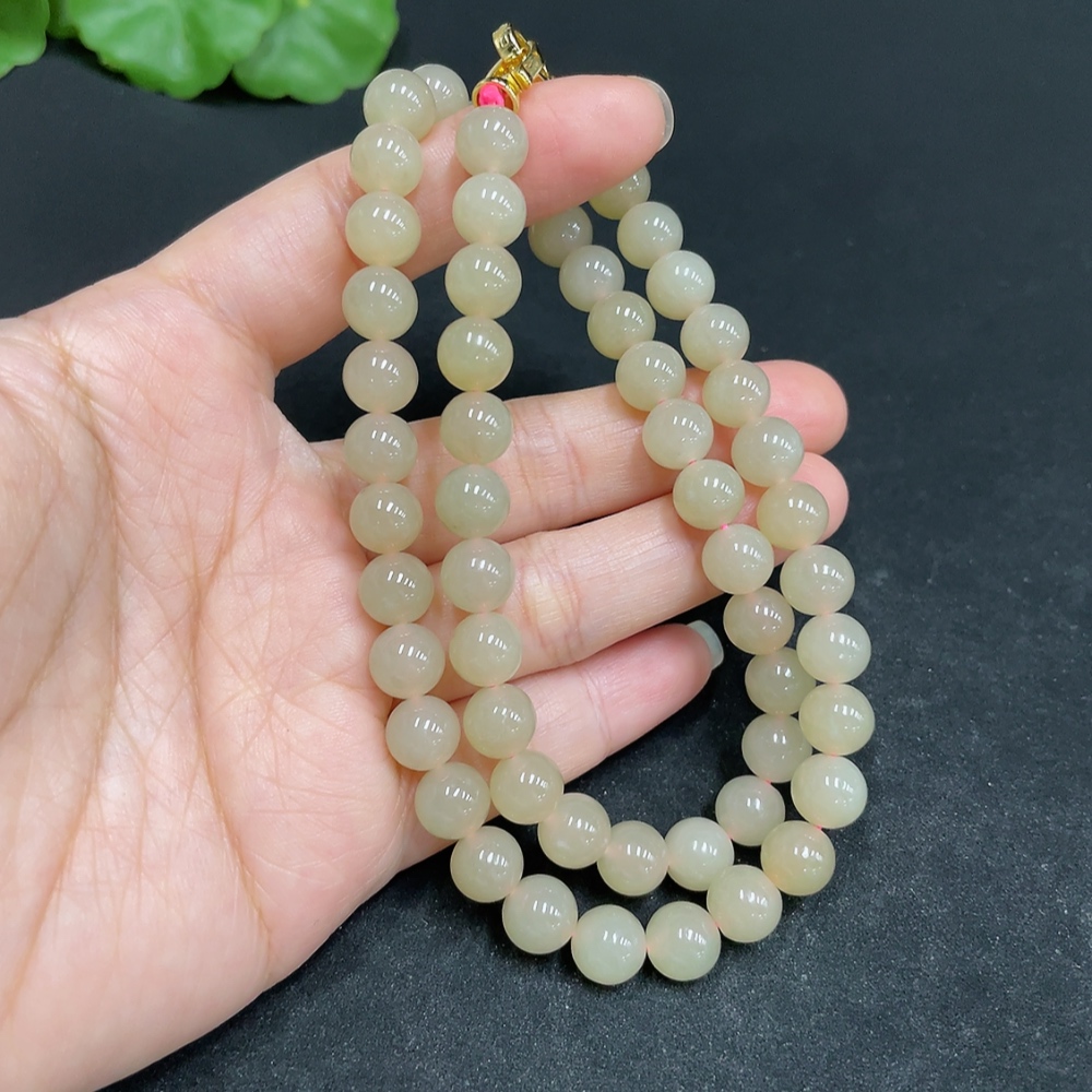 H34037001 Hetian Jade Bead Necklace Approx. 7.7mm Non-Gold-Inlaid Total Weight About 43.2g