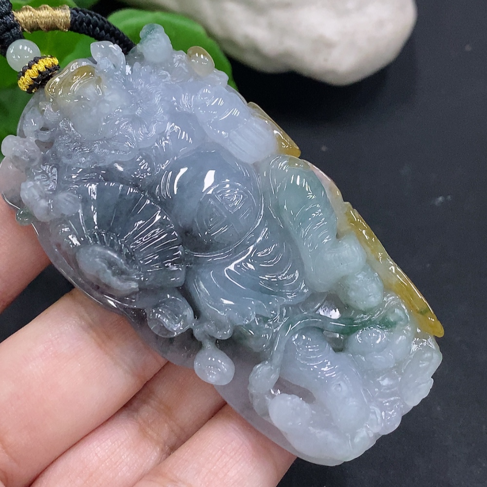 F34000183 Jadeite Pendant God of Wealth with Other Mineral Components Including Rope Total Weight Approx. 74.6g