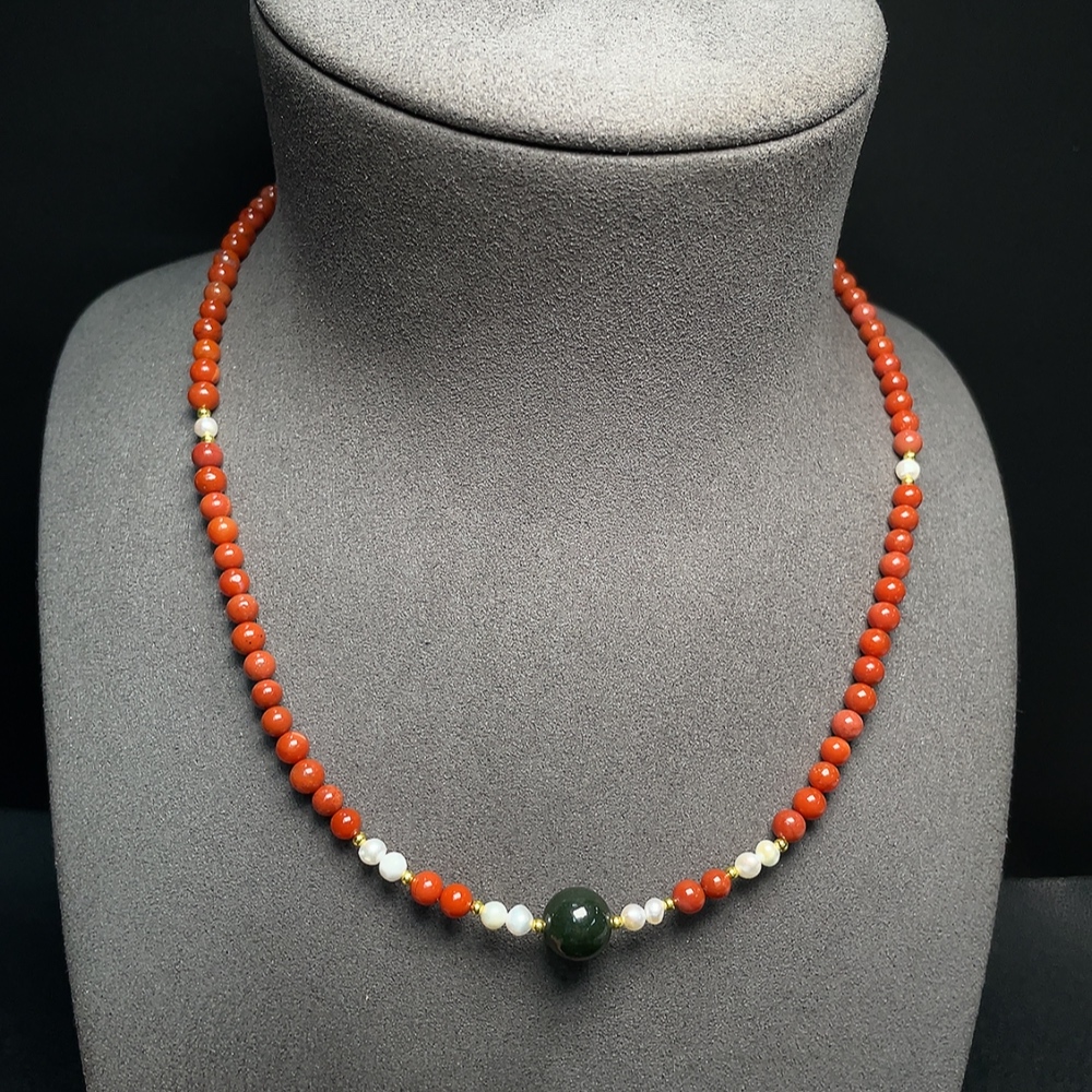 C34041493 South Red Agate Bead Necklace with Visible Organic Matter, Total Weight Approx. 14.30g, Bead Size 4.7mm, Paired with Hetian Jade and Pearls, Non-Gold