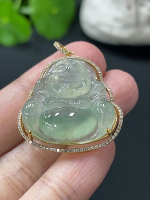 F33837840 JadeiteBuddha Pendant with 18K Gold Setting and Chain, Total Weight Approx. 10.6g, Accented with Diamonds