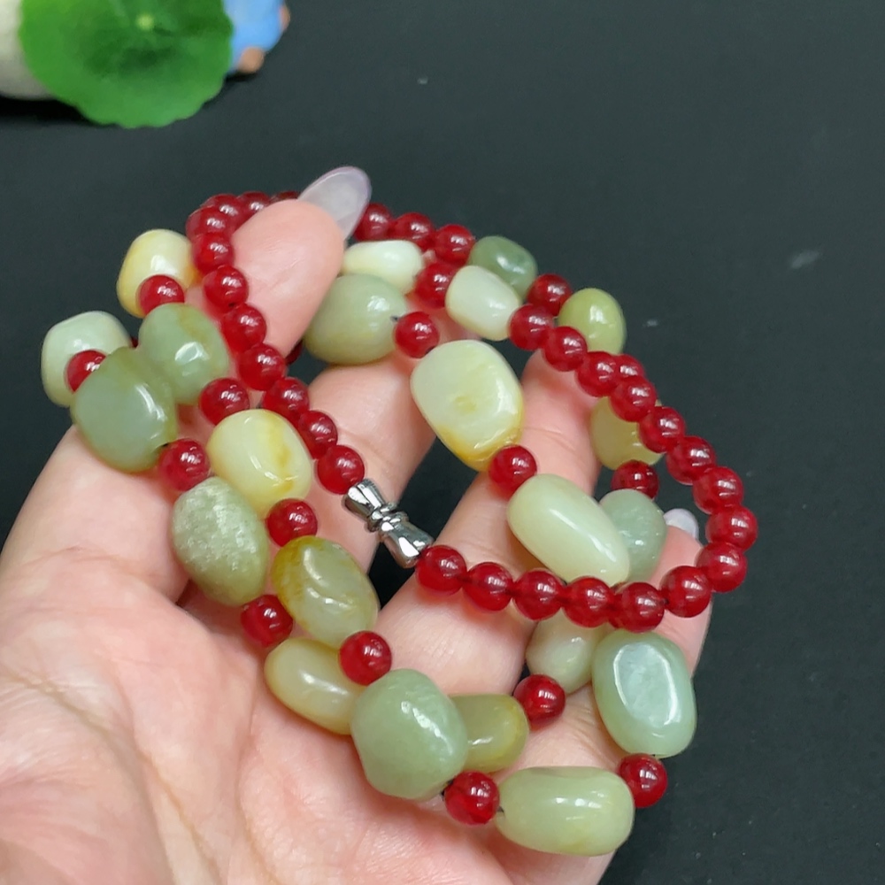 H33930466 Hetian Jade Bead Necklace, Total Weight Approx. 59.8g, Contains Other Mineral Components, Undetermined Skin Color Origin, Matching Beads Not Hetian Jade