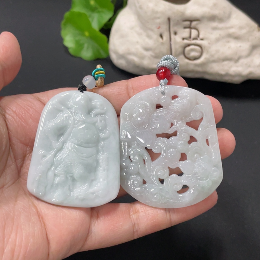 F33836613 Jadeite Pendant Guan Gong Plaque Flourishing Wealth With Non-A Grade Beads