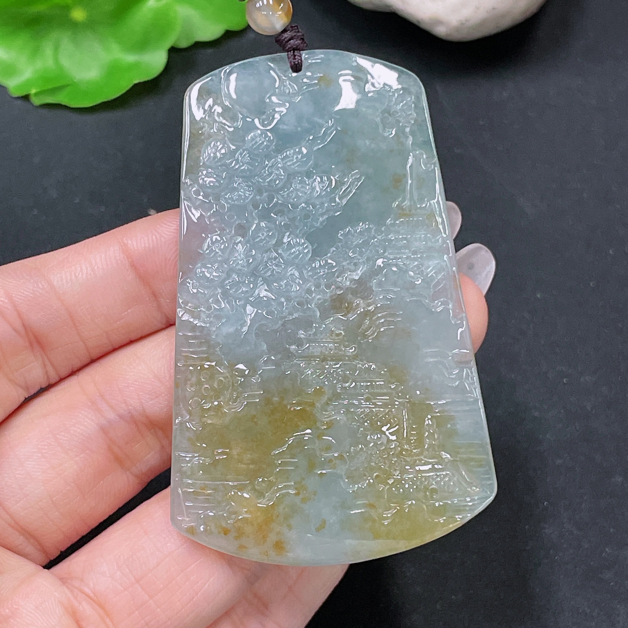 F34065616 Jadeite Landscape Pendant Total Weight Approx. 33.15g (Including Cord Weight) With Non-Grade A Beads