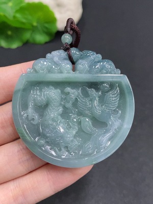 F34060549 Jadeite Dragon and Phoenix Auspicious Pendant