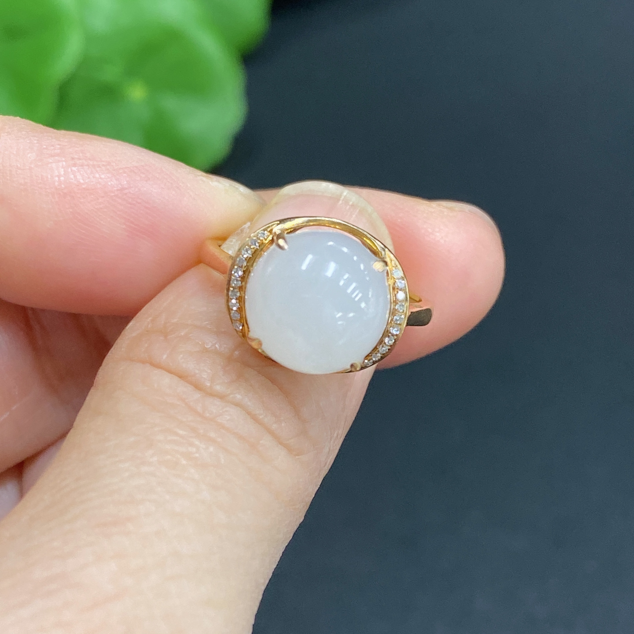 H33859041 Hetian Jade Inlaid Ring 18k Gold Size 13 with Diamond Accents Total Weight Approx. 2.2g