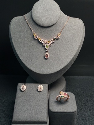 C34009057 Tourmaline Necklace + Earrings + Ring Adjustable Non-Gold Visible Organic Total Weight Approx. 14.17g Sell as a Lot