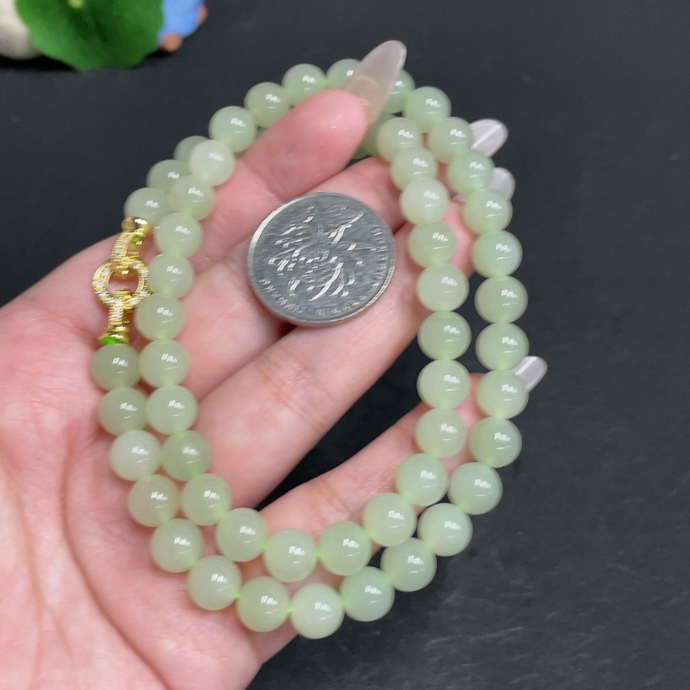 H28210494 Hetian Jade Bead Necklace Approx. 8mm Total Weight About 46.8g Non-Gold