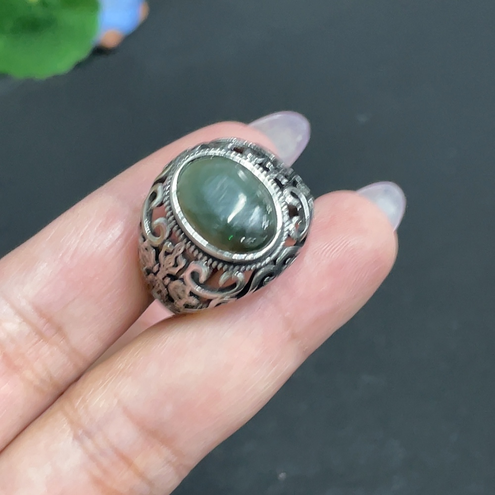 H33848259 Hetian Jade Inlaid Adjustable Ring