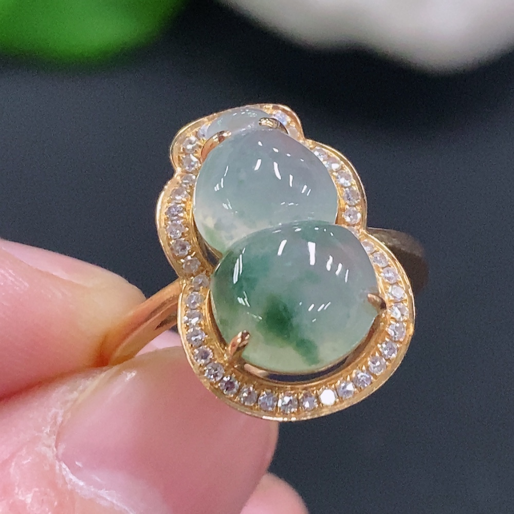 F33884107 Jadeite Gourd Inlaid Ring 18K Gold Size 14 Total Weight Approx 4.4g (With Diamond Accents)