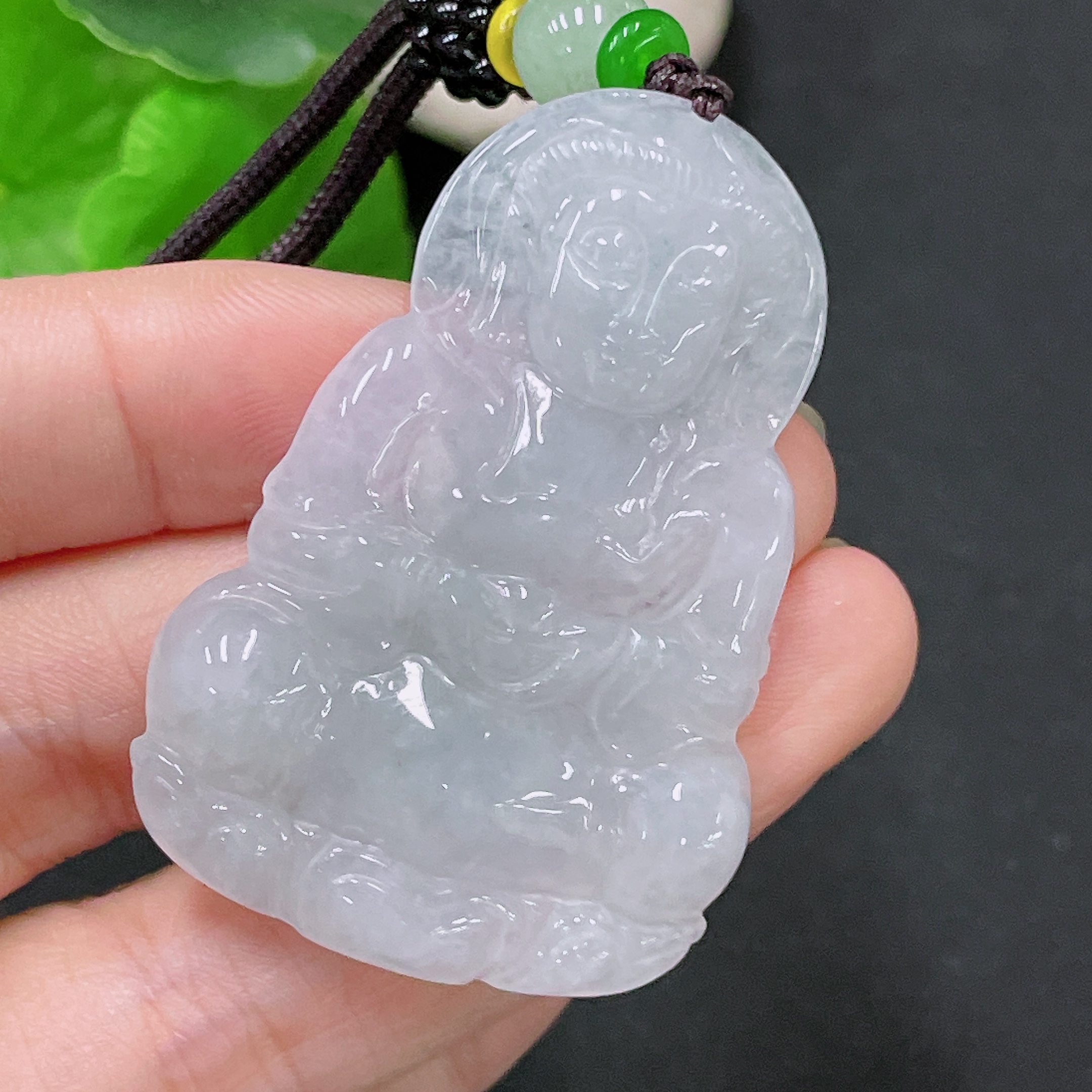 F33893534 Jadeite Guanyin Pendant, Total Weight Approx. 19.7g (Including Rope Weight)