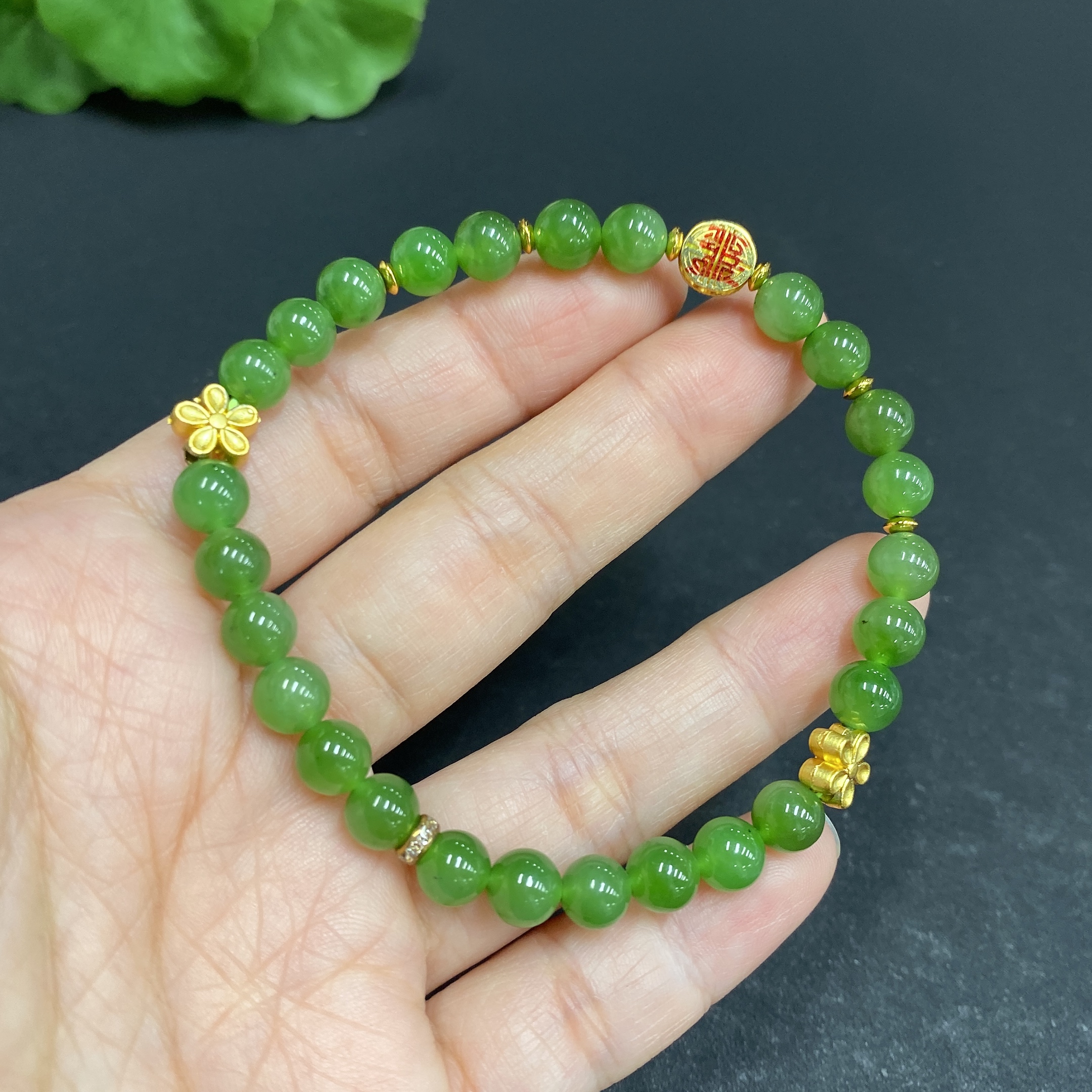 H33939499 Hetian Jade Bracelet, approx. 6mm, total weight approx. 10.9g, with Jadeite, no imprint, surface gold content marked red 75%, rest non-gold