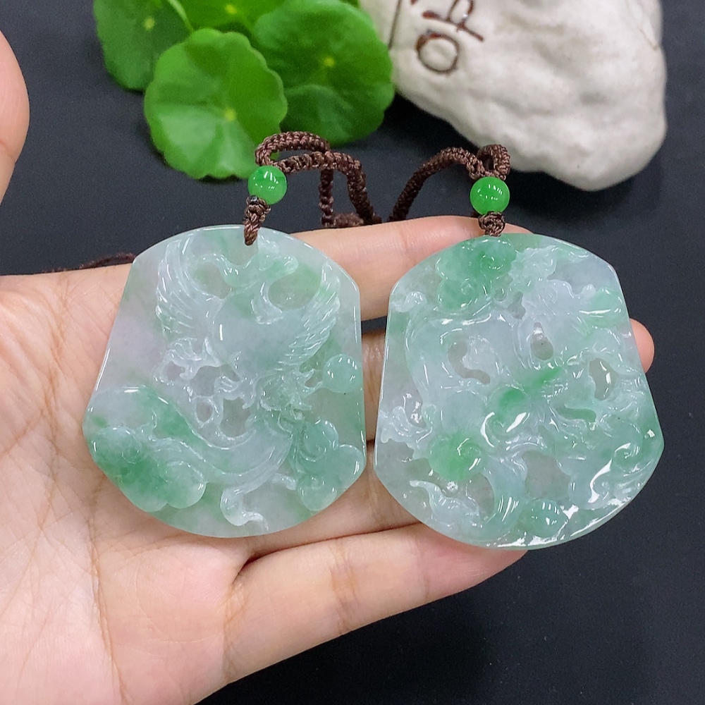 F30452367 Jadeite Dragon and Phoenix Auspicious Pendant (with non-A grade beads)