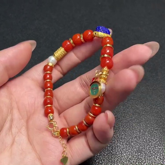 C34951510 South Red Agate Bracelet with Visible Organic Matter, Total Weight Approx. 17.37g, Bead Size 5.8-7.5mm, Paired with Pearls, Non-Gold