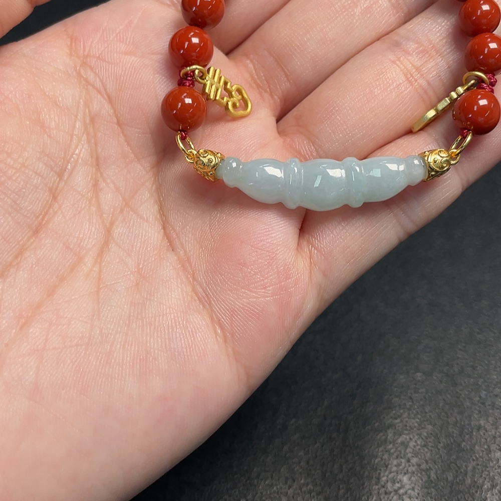 C34951511 South Red Agate Bracelet with Visible Organic Matter, Total Weight Approx. 13.92g, Size 7.3mm, Paired with Jadeite and Hetian Jade, Non-Gold