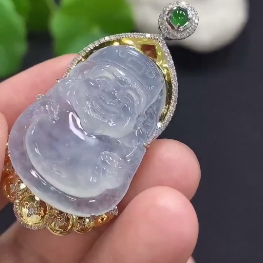 F29410950 Jadeite God of Wealth Inlaid Pendant 18K Gold Total Weight Approx. 8.1g (with Diamond Accents)