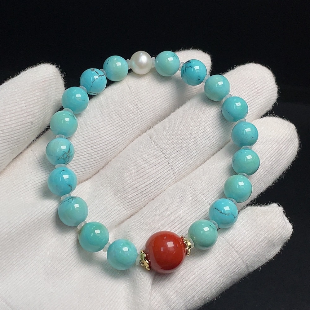 C30445179 Turquoise Bracelet Non-Gold Inlaid Approx.8.7mm Total Weight About 18.57g With Pearls Stones Considered Non-Natural
