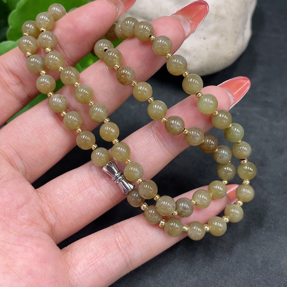 H34016824 Hetian Jade Bead Necklace, Approx. 6mm, Non-Gold, Total Weight Approx. 21.4g