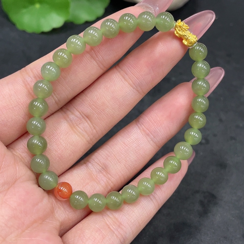 H33858594 Hetian Jade Bracelet, Approx. 5.9mm, Total Weight Approx. 9.5g, 99% Gold Content, Non-Hetian Jade Beads