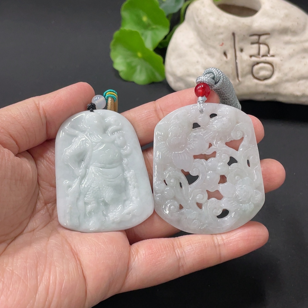 F33836613 Jadeite Pendant Guan Gong Plaque Flourishing Wealth With Non-A Grade Beads