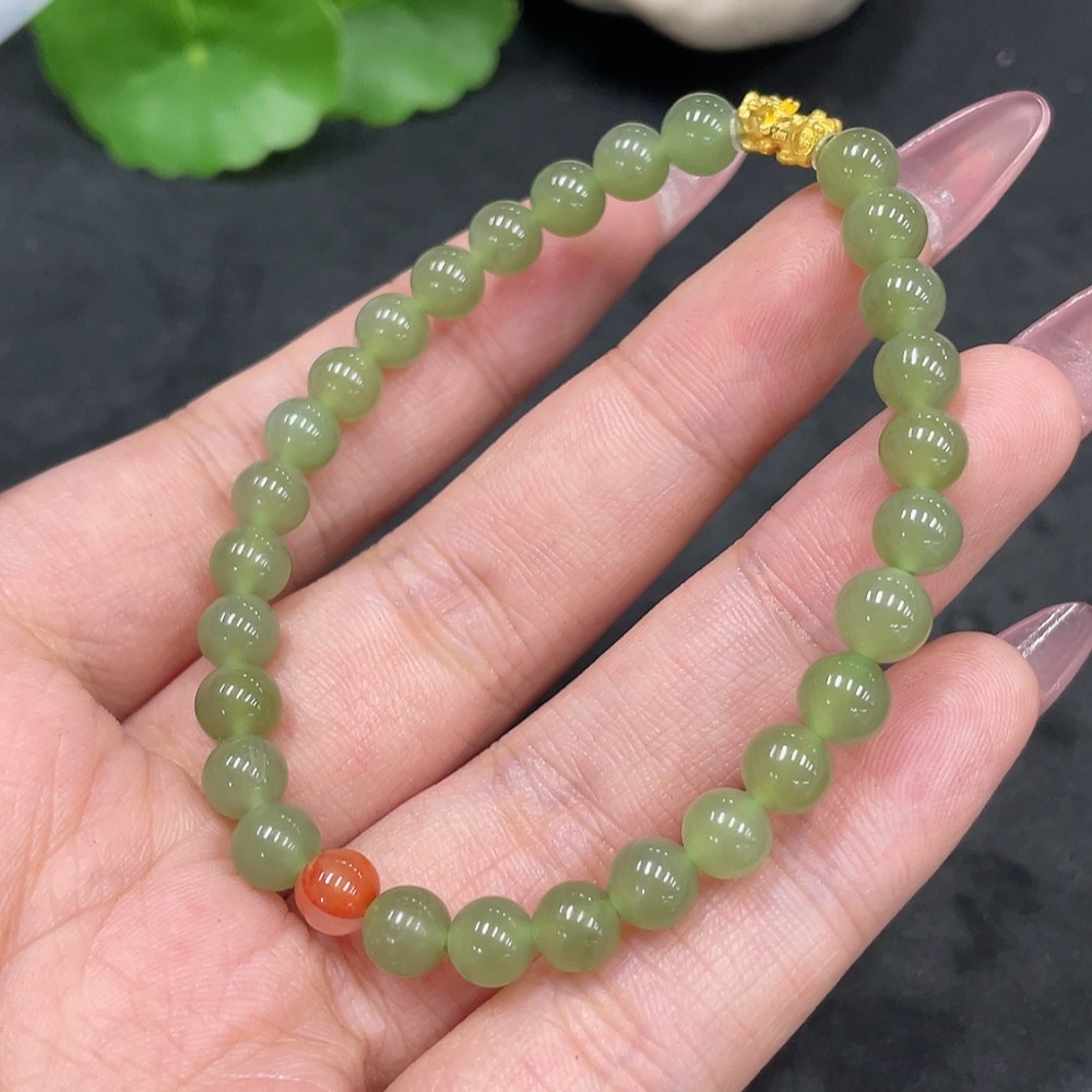 H33858594 Hetian Jade Bracelet, Approx. 5.9mm, Total Weight Approx. 9.5g, 99% Gold Content, Non-Hetian Jade Beads