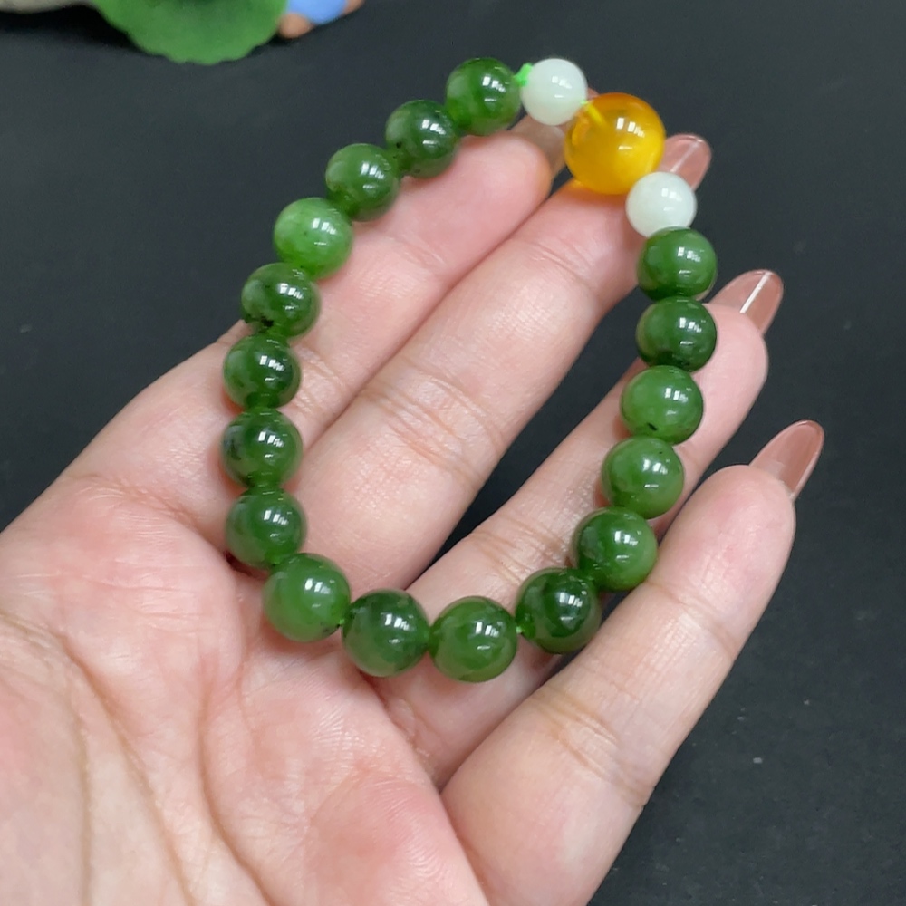 H35118682 Hetian Jade Jasper Bead Bracelet, approx. 9.2mm, total weight approx. 25.4g, containing other mineral components, paired with amber