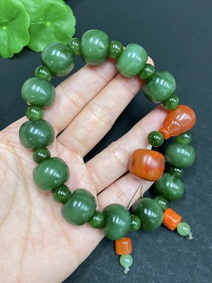H33859085 Hetian Jade Bracelet 15/7.2mm Approx. Total Weight About 90.3g with Southern Red Agate