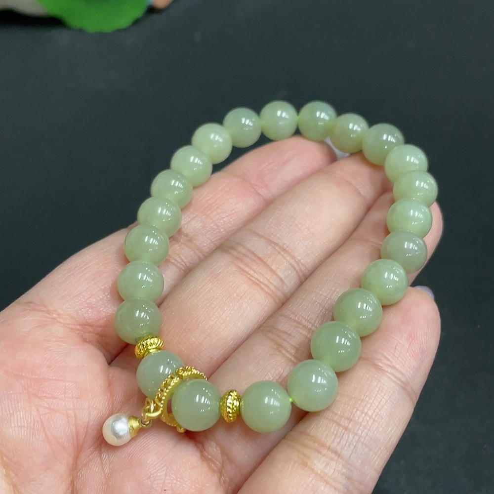 H32806136 Hetian Jade Bead Bracelet, Approx. 7.7 mm, Total Weight About 18.4g, Non-Gold