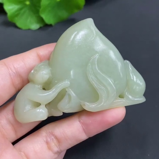 H17865316 Hetian Jade Handheld Carving - Monkey Offering Longevity