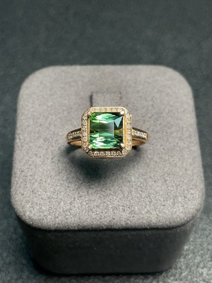 C34041320 Tourmaline Ring with Diamond Accents, 18K Gold, Total Weight Approx. 2.33g, Size 13, Stone 7.2*7.1mm
