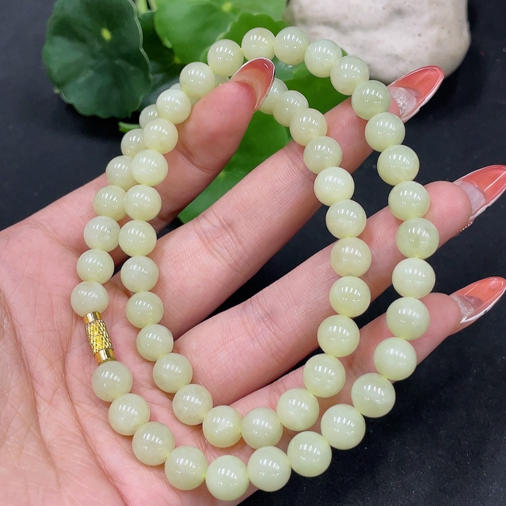 H35084610 Hetian Jade Bead Necklace Non-Gold Beads Approx. 7.8mm Total Weight Approx. 43.2g
