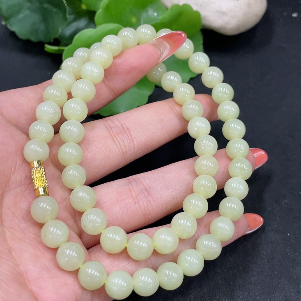 H35084610 Hetian Jade Bead Necklace Non-Gold Beads Approx. 7.8mm Total Weight Approx. 43.2g