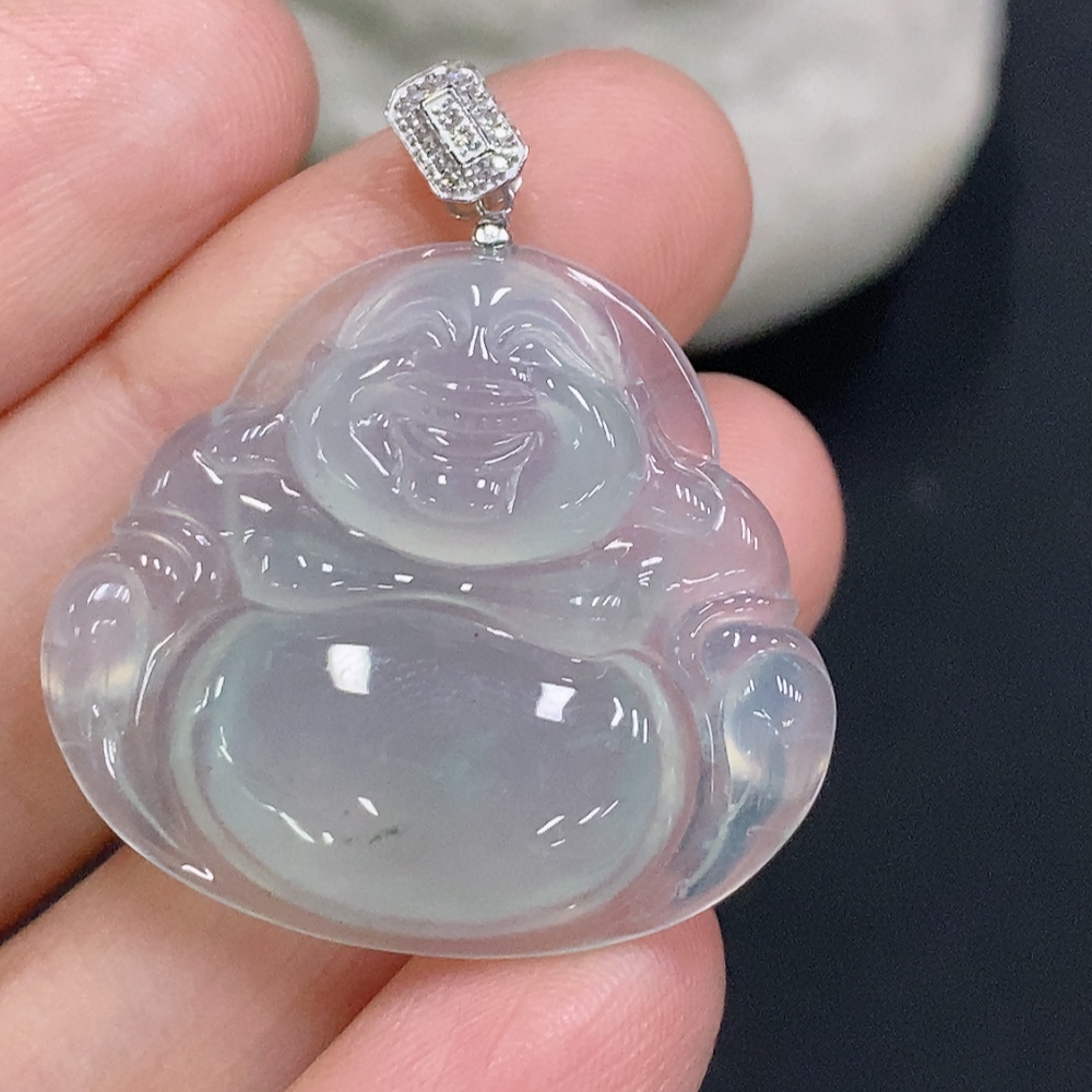 F34049909 Jadeite Buddha Pendant with 18K Gold Clasp Total Weight Approx. 5.4g (Diamond Accents)