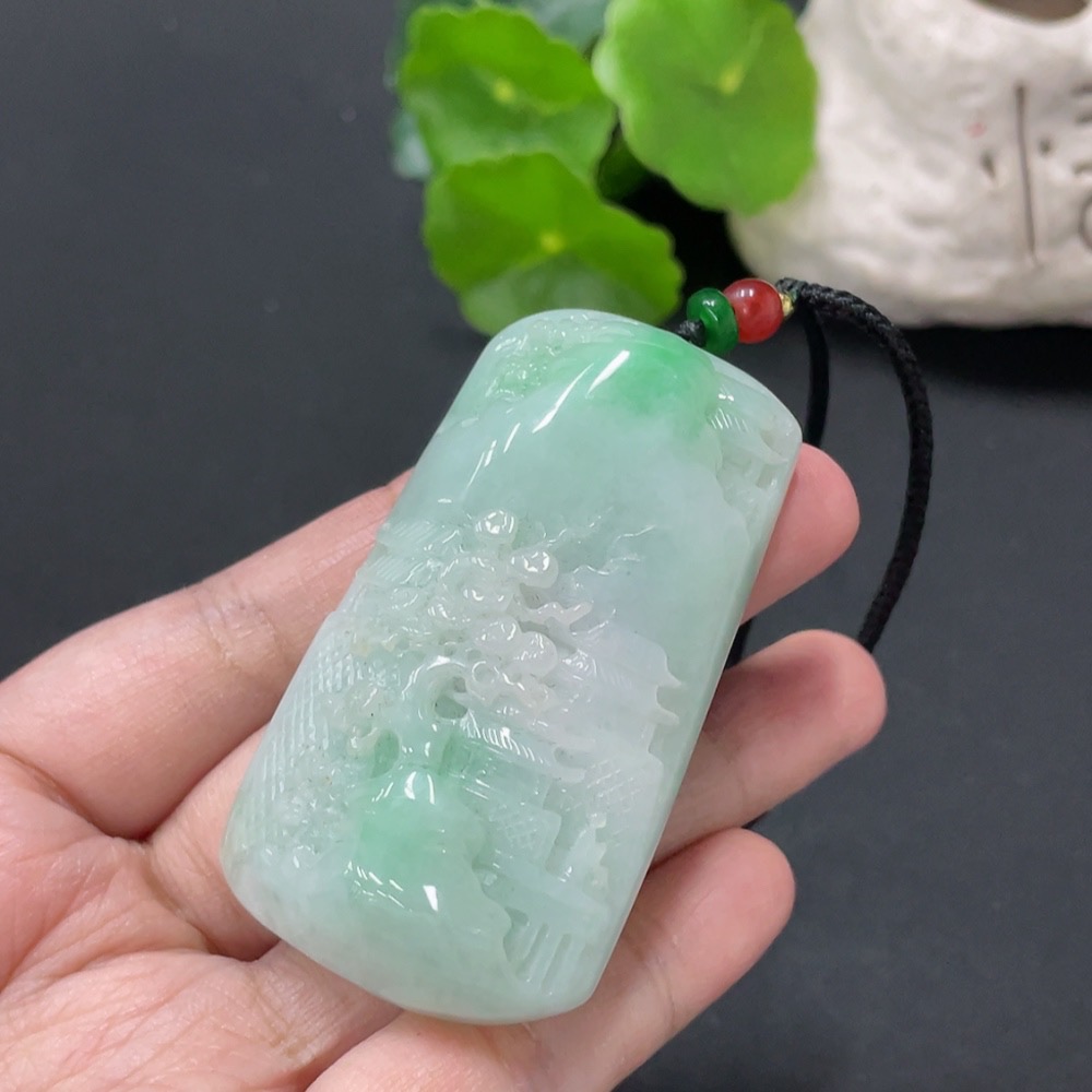 F34977295 Jadeite Pendant Landscape Plaque Total Weight Approx. 65.55g Including Rope, Beads Not Grade A