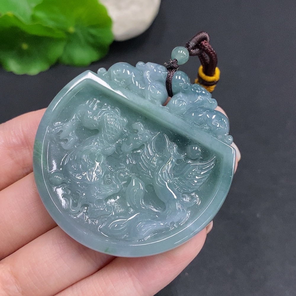 F34060549 Jadeite Dragon and Phoenix Auspicious Pendant