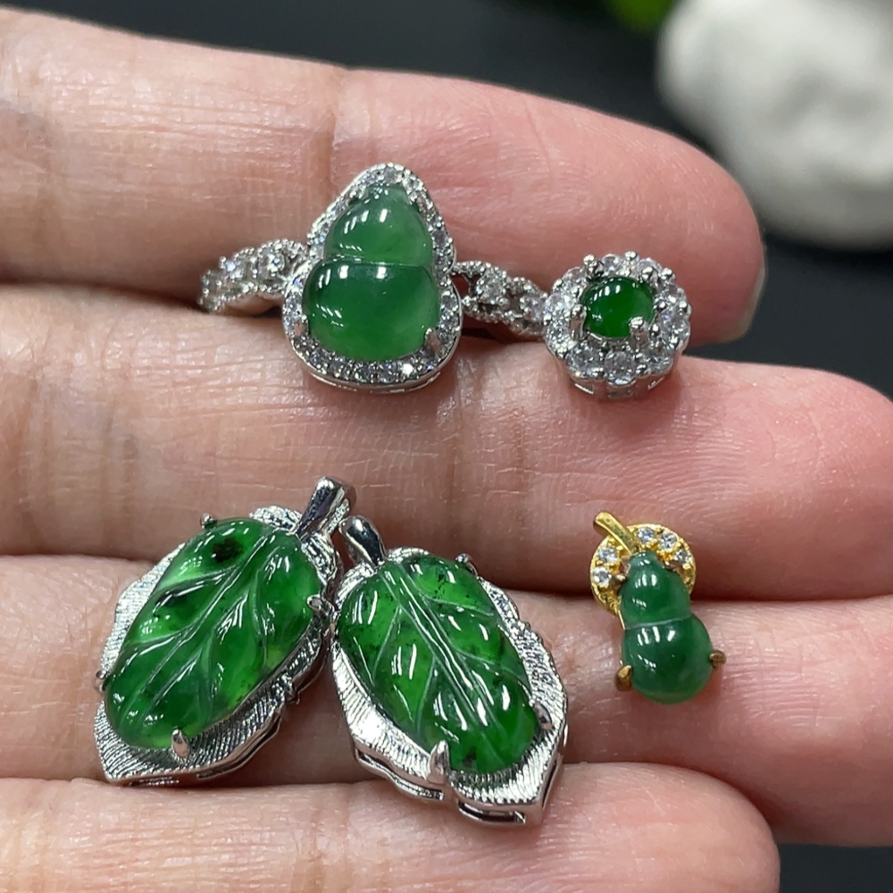 F34071204 Jadeite Inlaid Pendant Ring Earrings Sell as a Lot Non-Gold
