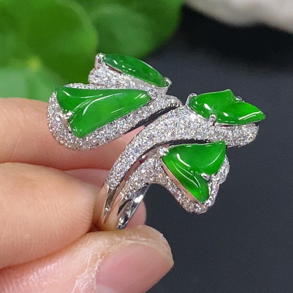 F30452380 Jadeite Inlaid Ring 18K Gold Size 13 Total Weight Approx. 9.6g (With Diamond Accents)