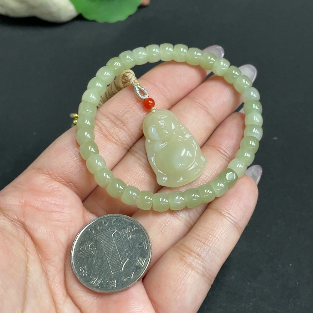 H34971924 Hetian Jade Pendant, Buddha Bead Bracelet Approx. 5.8mm, Total Weight (Including String) Approx. 17.2g