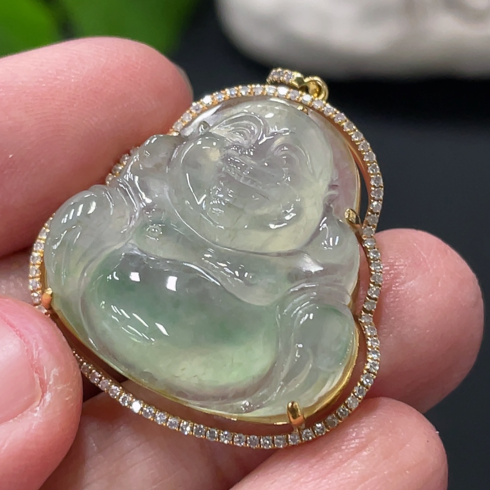 F33837840 JadeiteBuddha Pendant with 18K Gold Setting and Chain, Total Weight Approx. 10.6g, Accented with Diamonds