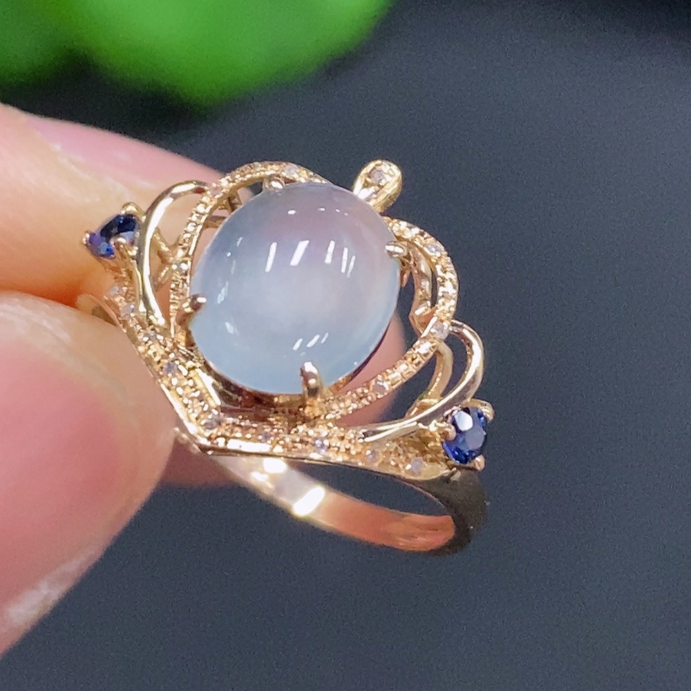F28192091 Jadeite Cabochon Set Ring 18k Gold Setting Size 14 Total Weight Approx. 1.8g with Diamond Accents