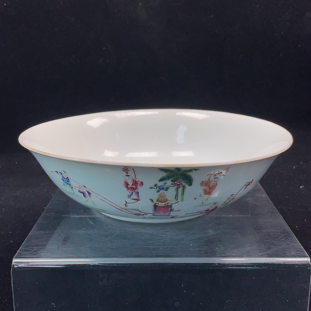 W30475565 Porcelain, Perfect Condition, Early Qing Five Blessings Holding Longevity and Peace Famille Rose Bowl