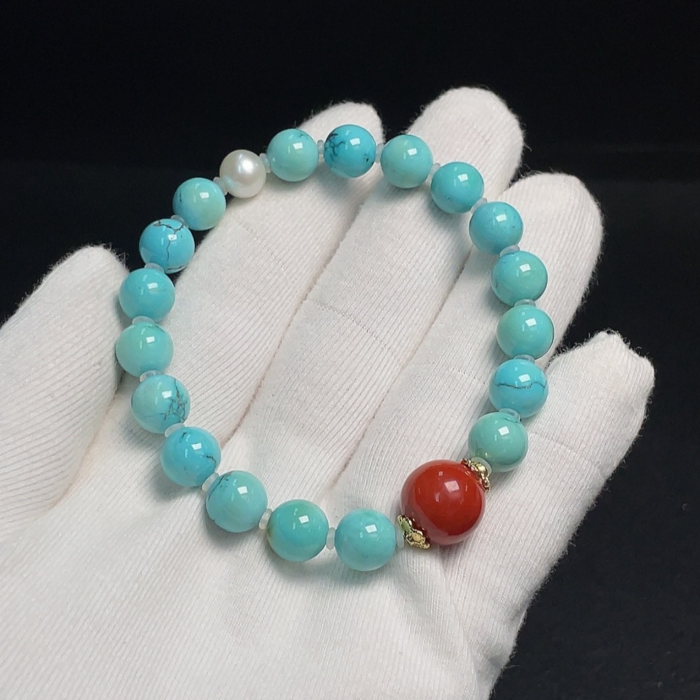 C30445179 Turquoise Bracelet Non-Gold Inlaid Approx.8.7mm Total Weight About 18.57g With Pearls Stones Considered Non-Natural