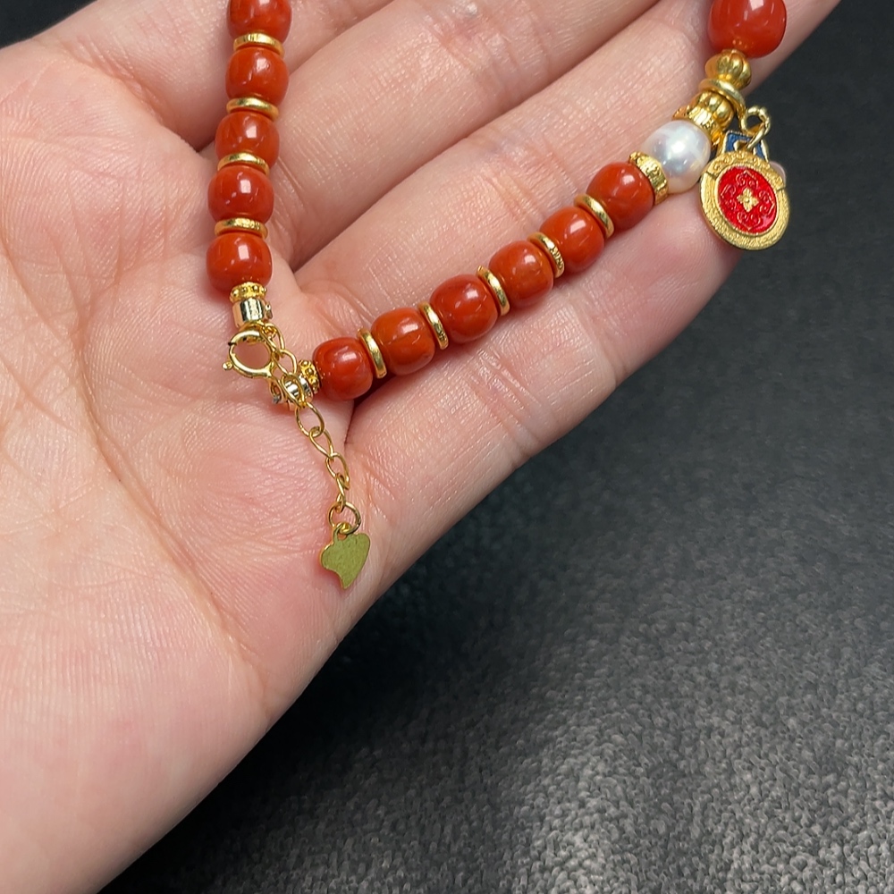C34951510 South Red Agate Bracelet with Visible Organic Matter, Total Weight Approx. 17.37g, Bead Size 5.8-7.5mm, Paired with Pearls, Non-Gold